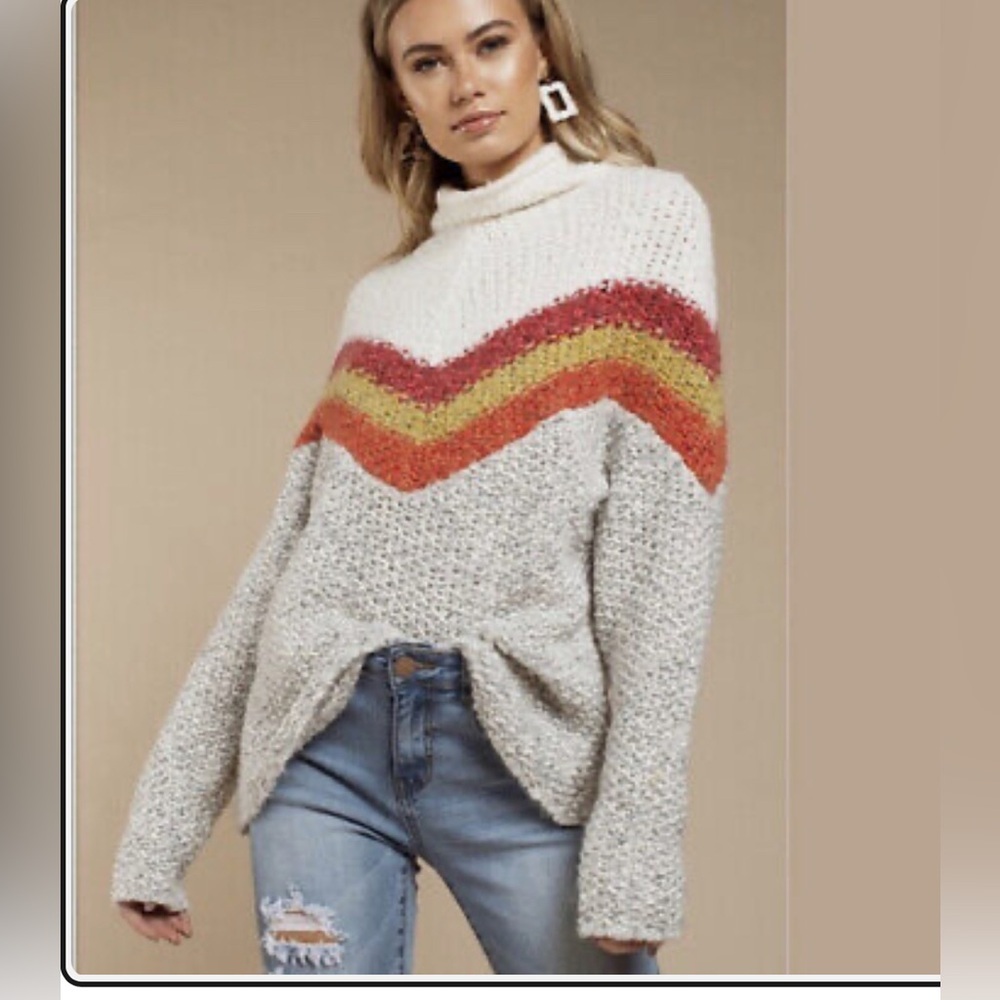Free People Women’s Turn Around Tunic Mock Neck Chevron Chunky Sweater XS